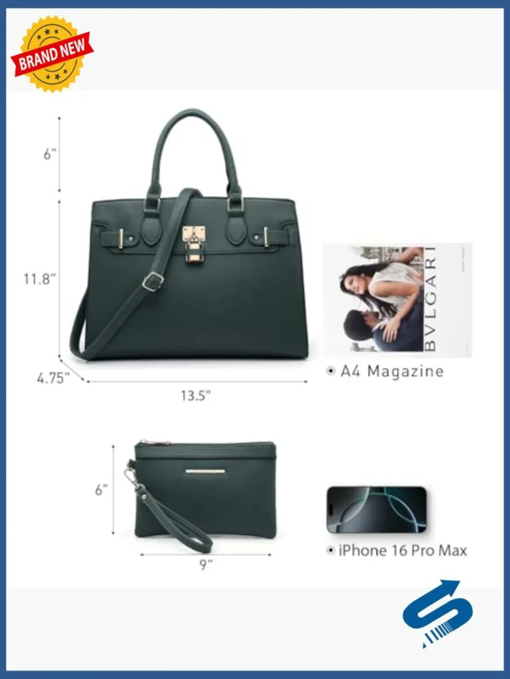 Vegan Leather Satchel Tote Work Bag with Matching Clutch Set